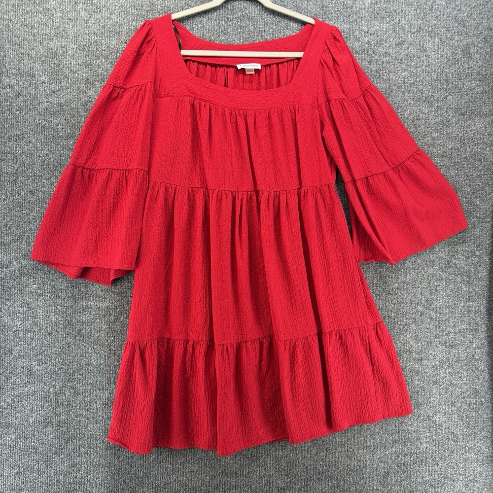 Calvin Klein Dress Womens 12 Red Square Neck Tiered Flare Sleeve Boho Cottage